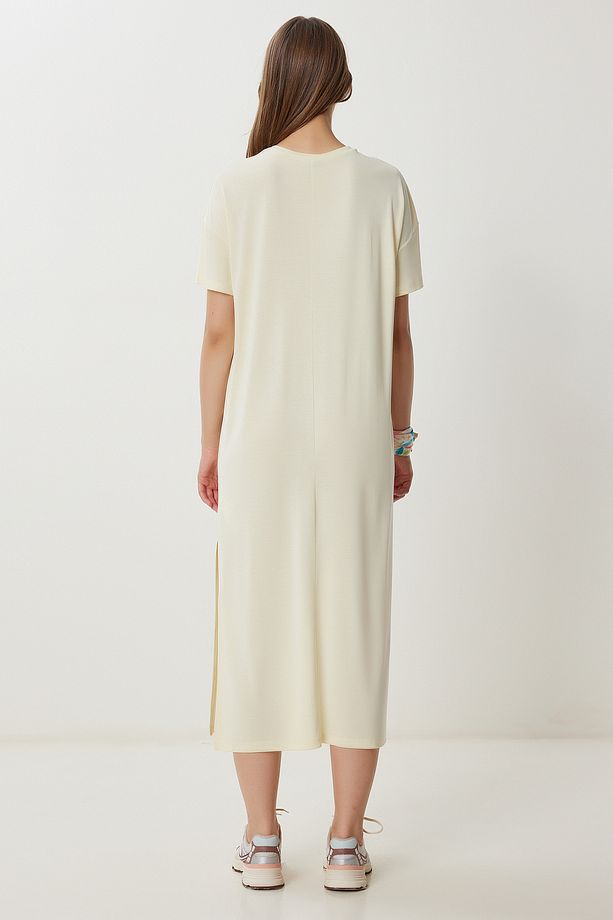 Oversize Basic Yazlık Örme Elbise LUB0082 SARI - 5