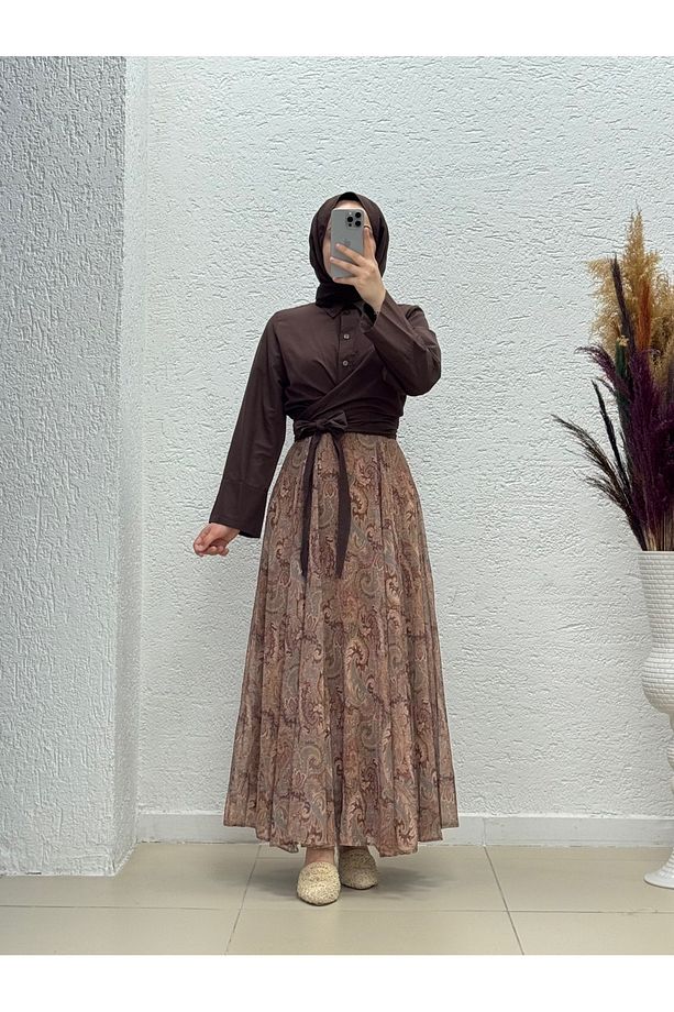 Maretta Etnik Desen Astarlı Şifon Etek-AA4236 Kahve - 1