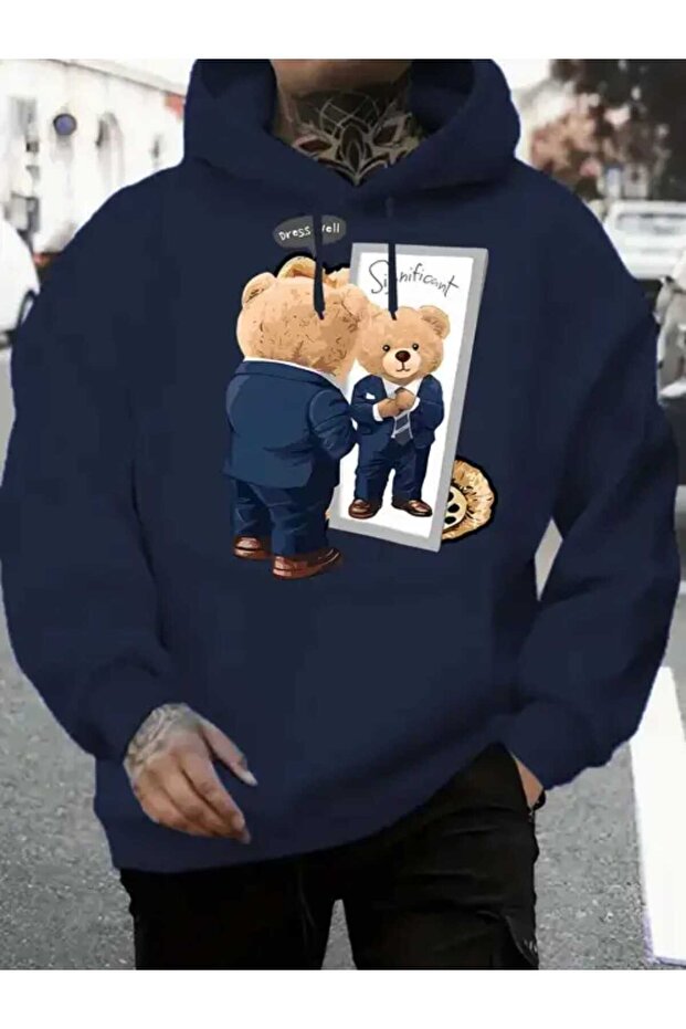 Dress Me Bear Printed Hooded Pocket Inside Wool Navy Blue Sweatshirt