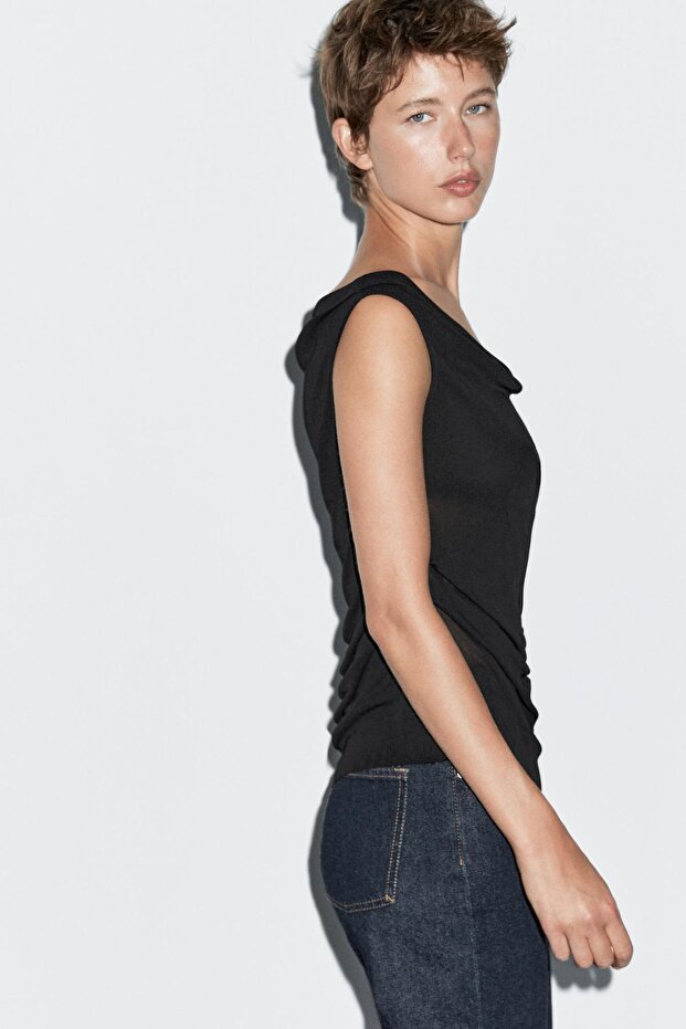 Dökümlü drape yaka top - 2