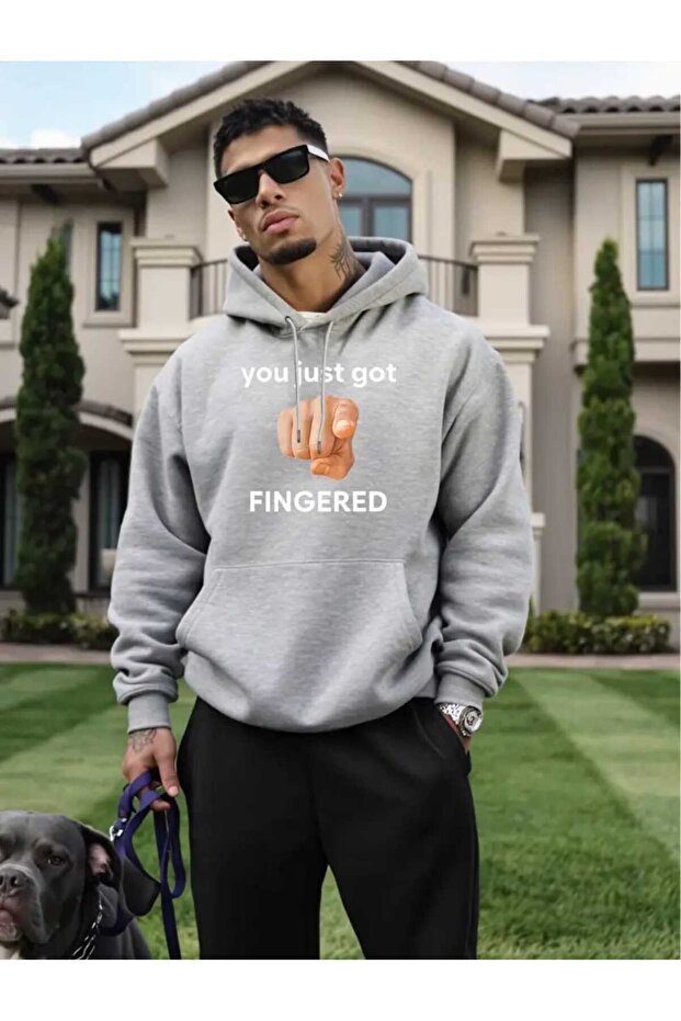 Fingered Printed Hooded Pocket Cotton Gray Sweatshirt
