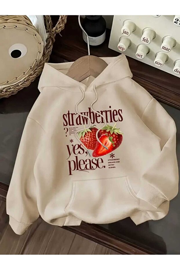 Strawberries Printed Hooded Pocket Cotton Beige Sweatshirt