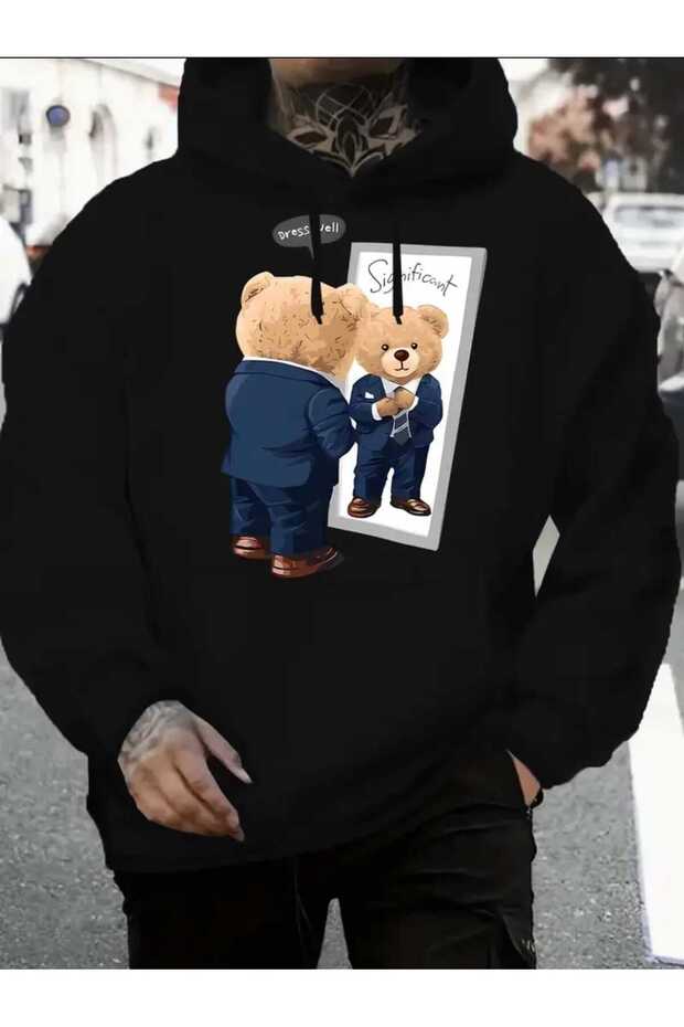 Dress Me Bear Printed Hooded Pocket Inside Wool Black Sweatshirt