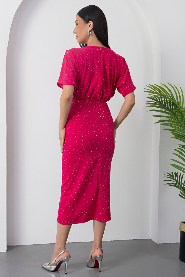 Bisiklet Yaka Taşlı Yırtmaçlı Elbise DKS1313 - 7