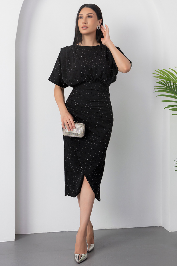 Bisiklet Yaka Taşlı Yırtmaçlı Elbise DKS1313 - 6