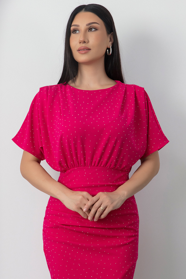 Bisiklet Yaka Taşlı Yırtmaçlı Elbise DKS1313 - 2