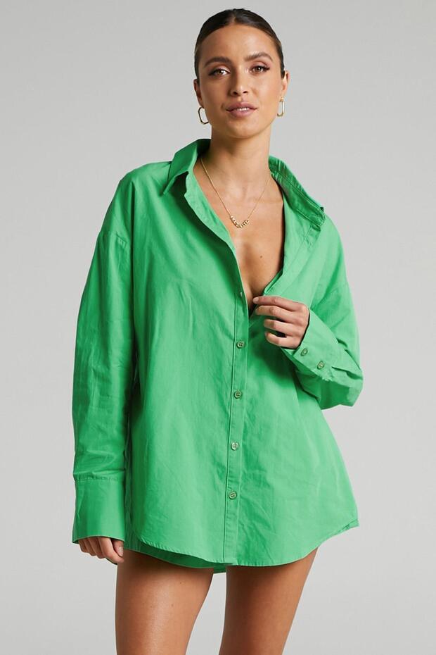 Yeşil Oversize Basic Kadın Gömlek SH268 - 3