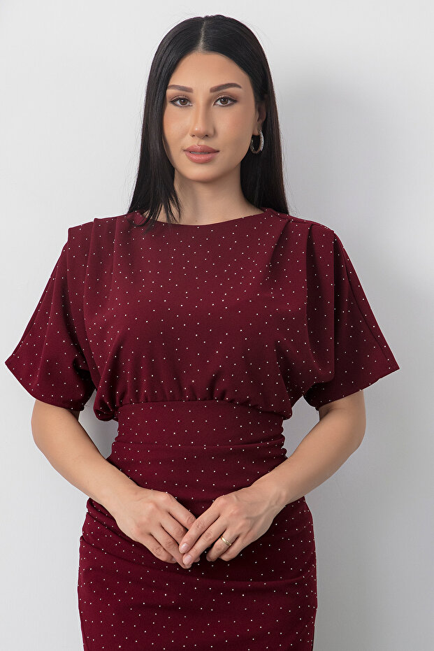 Bisiklet Yaka Taşlı Yırtmaçlı Elbise DKS1313 - 2