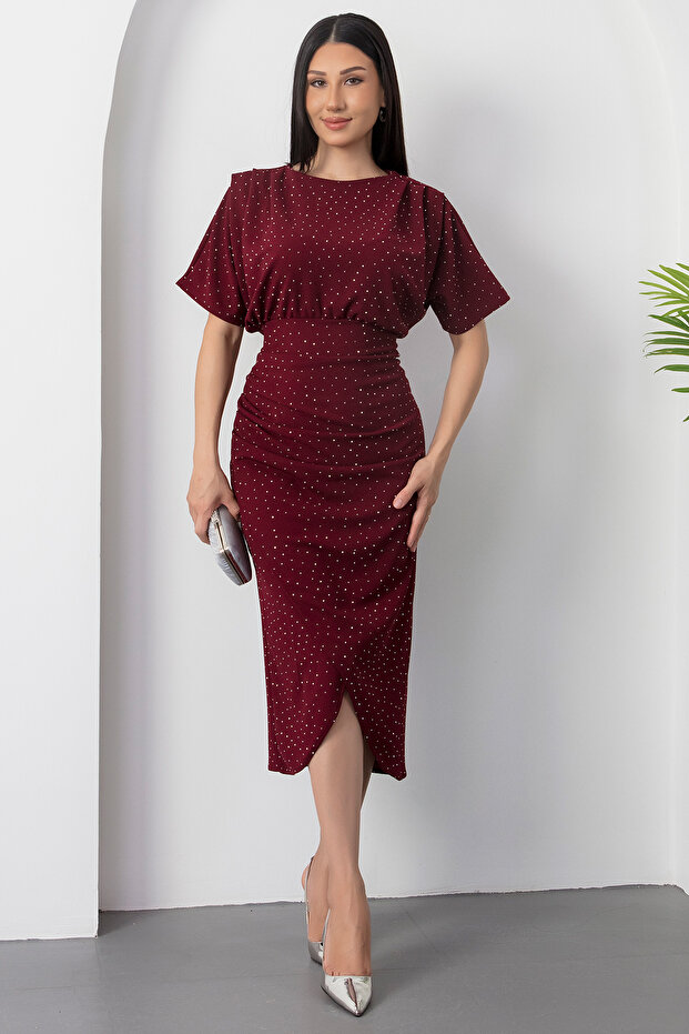 Bisiklet Yaka Taşlı Yırtmaçlı Elbise DKS1313 - 4