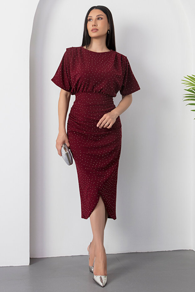 Bisiklet Yaka Taşlı Yırtmaçlı Elbise DKS1313 - 5