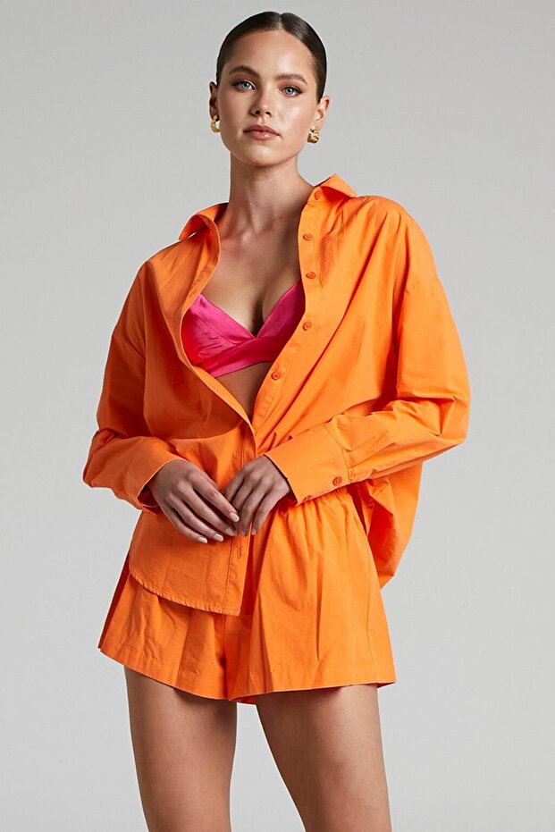 Turuncu Oversize Basic Kadın Gömlek SH268 - 1