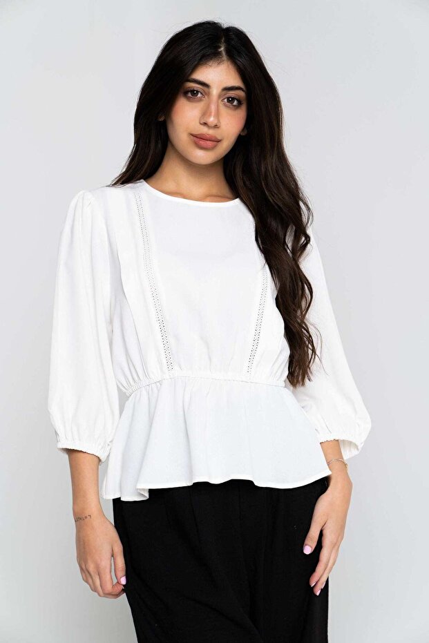 بلوزة سادة بفتحة جانبية وأكمام 3/4 - 1