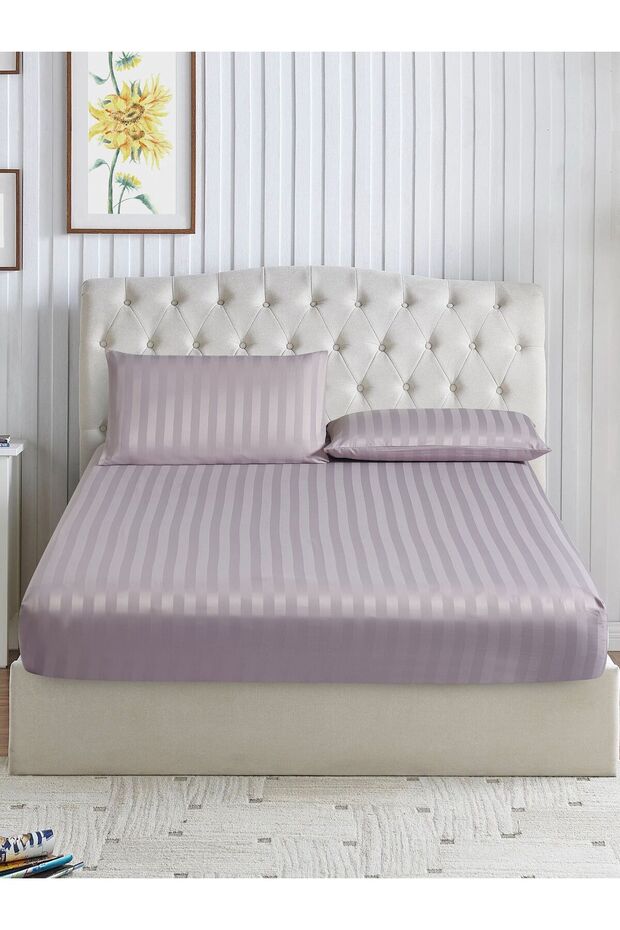 Striped Fitted Sheet Set 150x200 cm Queen – 1 Fitted Sheet + 2 Pillowcases, 30cm Deep