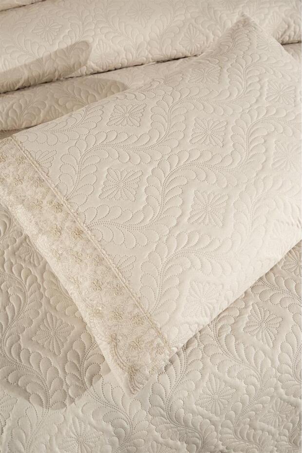 Zoya Dantelli Kapitoneli Ultrasonik Çift Kişilik Yatak Örtüsü Bej - 8