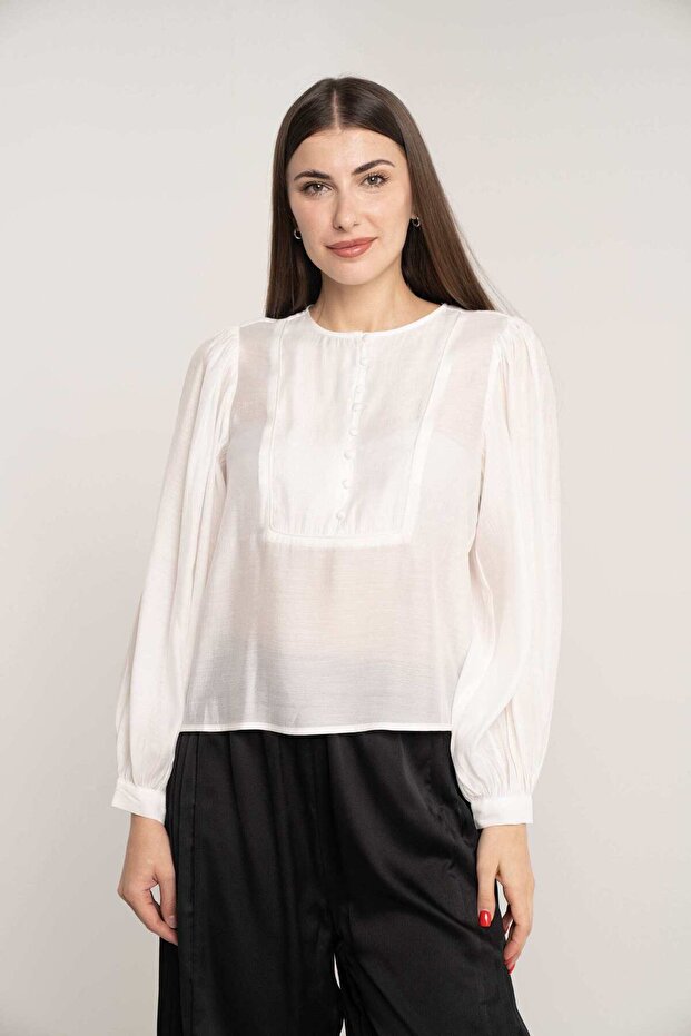Solid Long Sleeve Puff Blouse - 1
