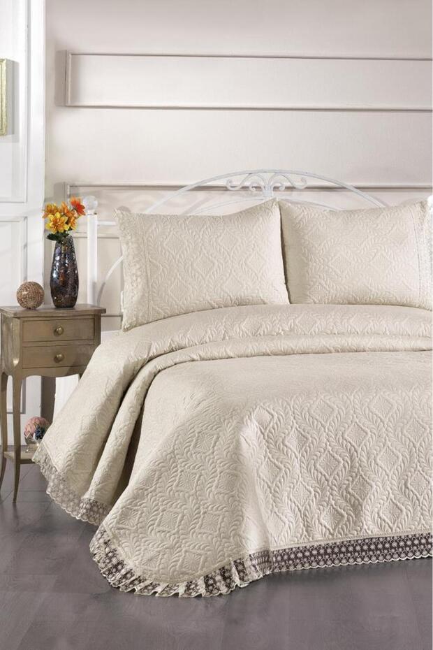 Zoya Dantelli Kapitoneli Ultrasonik Çift Kişilik Yatak Örtüsü Bej - 1