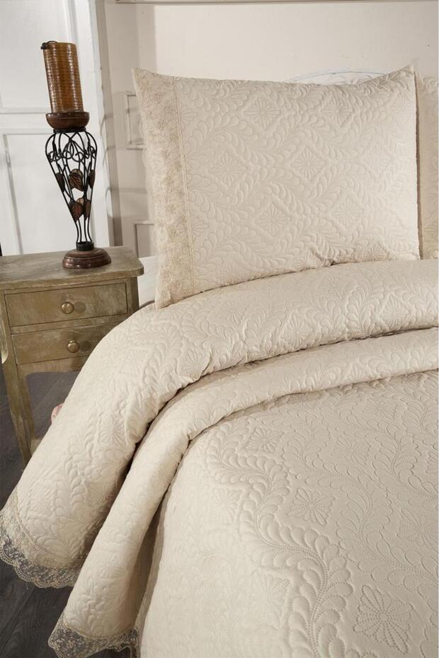 Zoya Dantelli Kapitoneli Ultrasonik Çift Kişilik Yatak Örtüsü Bej - 6