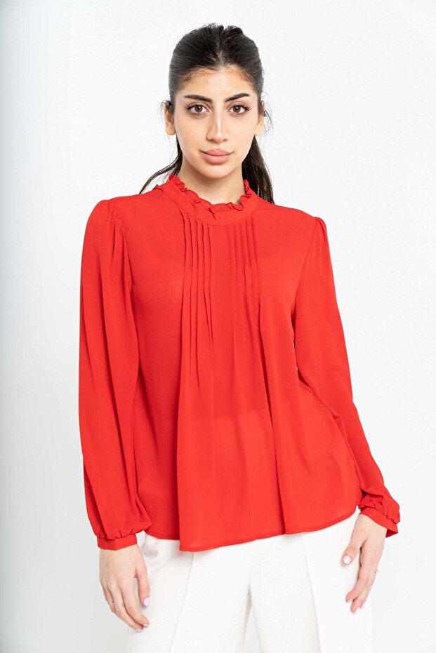 بلوزة سادة بأكمام طويلة مع كشكشة - 1