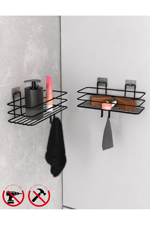 Siyah Güçlü Yapışkanlı Kancalı Banyo Rafı 2 Adet Banyo rafı - 4