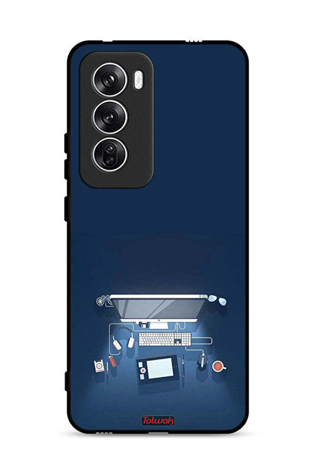 غطاء حماية لجهاز Oppo Reno12 5G بتصميم فني على مكتب الكمبيوتر