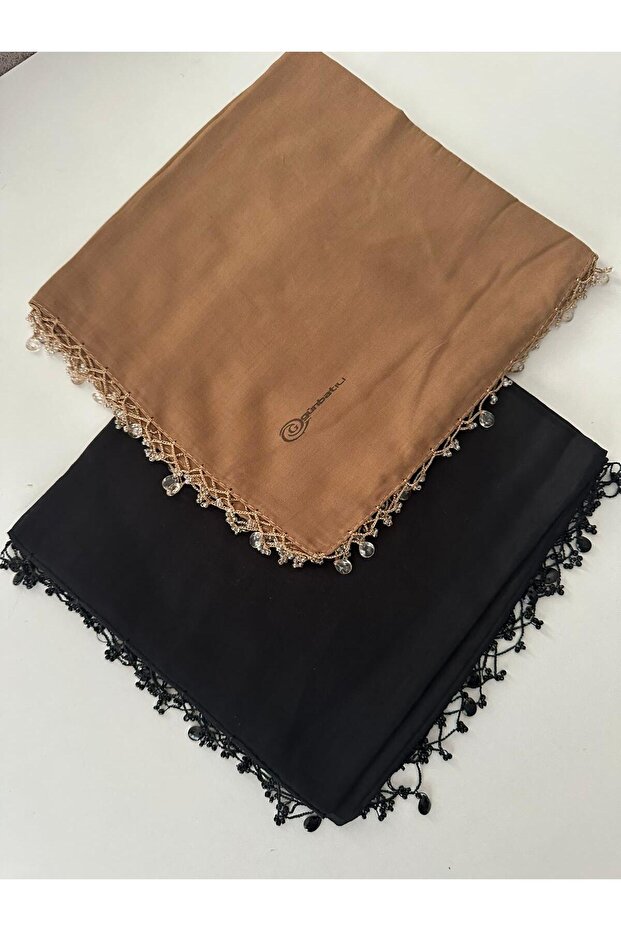 2Pcs Handcrafted Hand Embroidered Solid Color Scarf with Beads Writing Yemeni Dowry Gift 100X100Cm