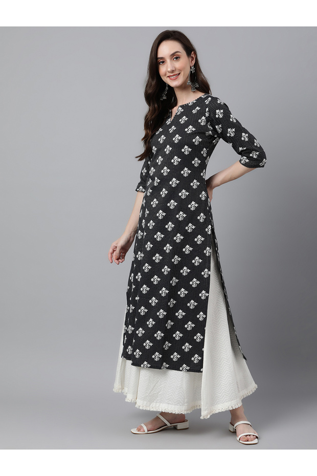 Premium cotton office / casual kurti - Black kurti / kurta for women with white prints