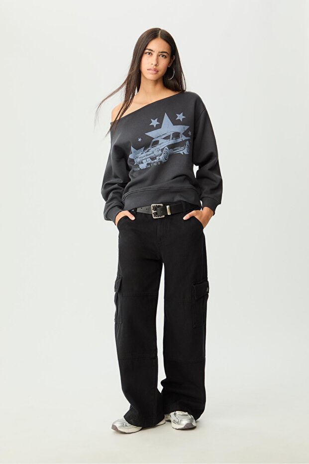 Baskılı geniş yaka sweatshirt - 1