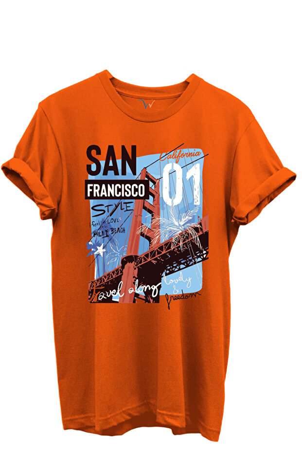 San Francisco California Written Golden Gate Bridge Printed 100% Cotton Regular Fit Unisex T-Shirt