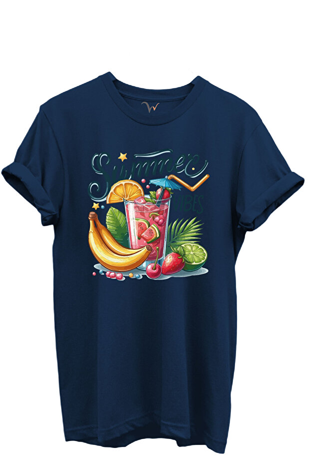 Summer Vibes Written Fruit Cocktail and Tropical Pattern 100% Cotton Regular Fit Unisex T-Shirt