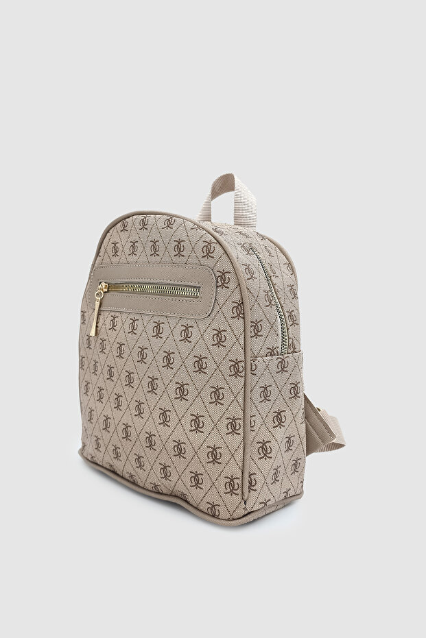 Synor Monogram Mini Backpack with Zippered External Compartment Mink - 3