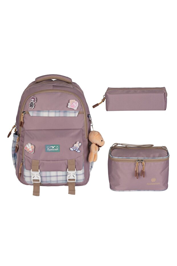 Relaxion Waterproof Fabric Korean Style Backpack Thermal Lunchbox and Pen Holder Set of Three
