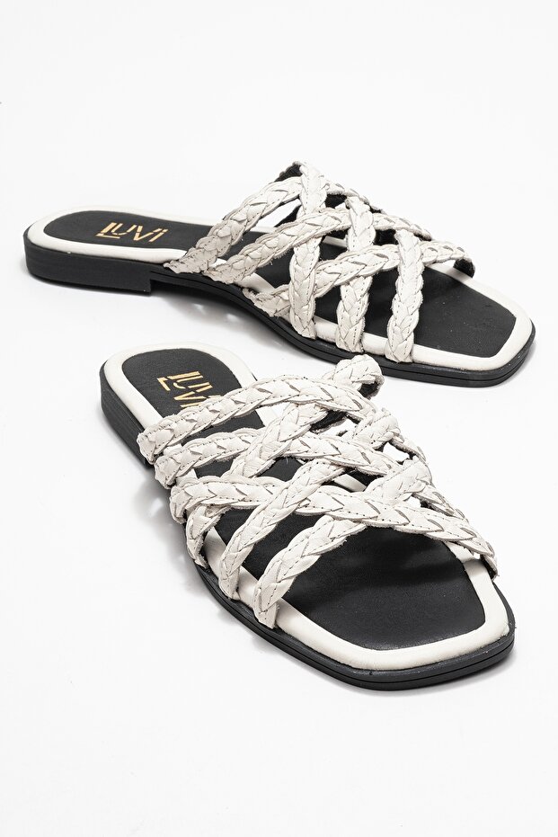 Alisha Ecru Genuine Leather Knitted Strap Women's Slippers
