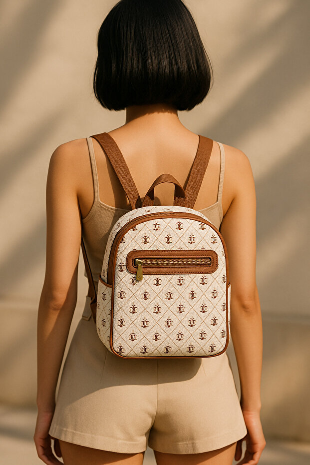 Synor Monogram Mini Backpack with Zippered External Compartment Mink - 7