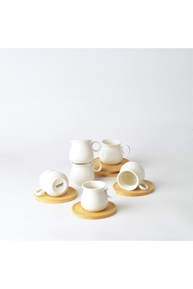 Six-Piece Porcelain Coffee Cup with Bamboo Plate
