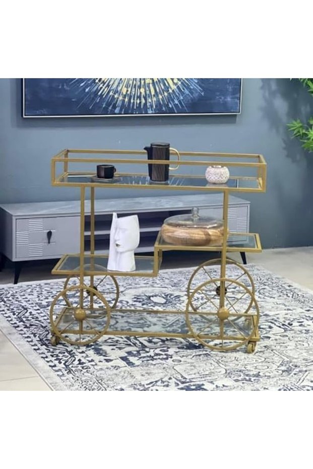 FFD Serving Cart Bar Cart with Clear Glass Shelves Modern Metal Bar Serving Cart 80x40x90cm
