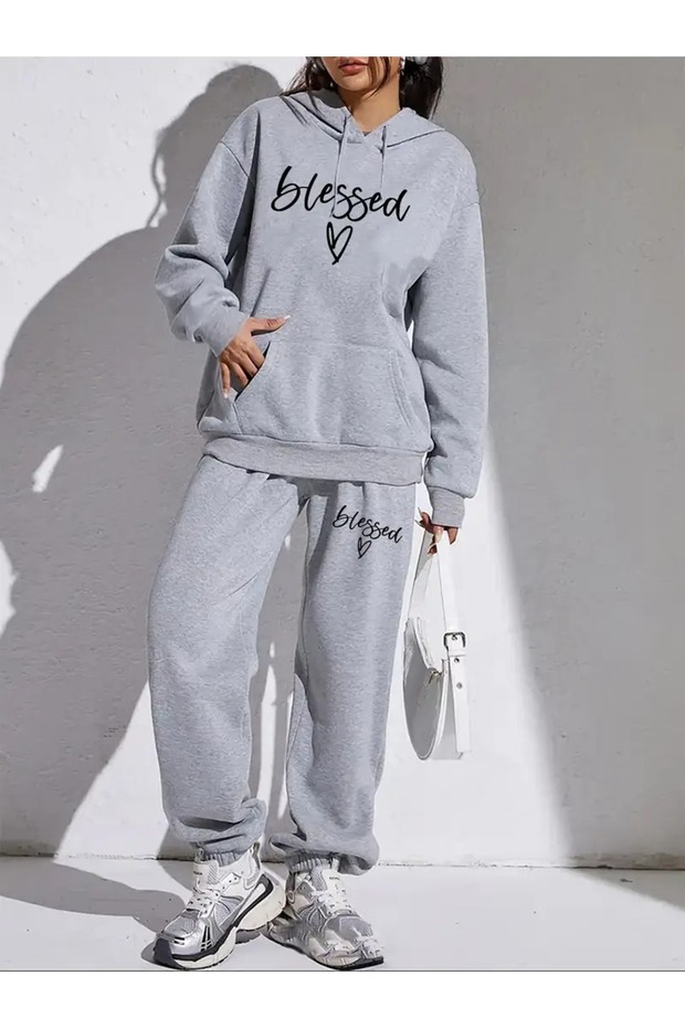 Blessed Printed Hooded Bottom Top Oversize Women's Black Gray Tracksuit Set