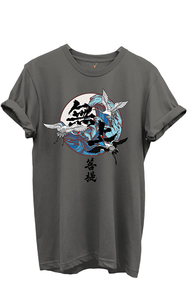 Crane Birds and Wave Pattern in Japanese Art Style 100% Cotton Regular Fit Unisex T-Shirt