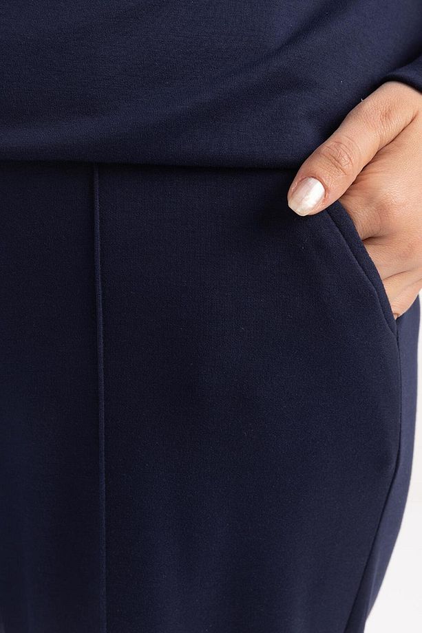 Lacivert-Bol Paça Yırtmaçlı Likralı Örme Pantolon - 4
