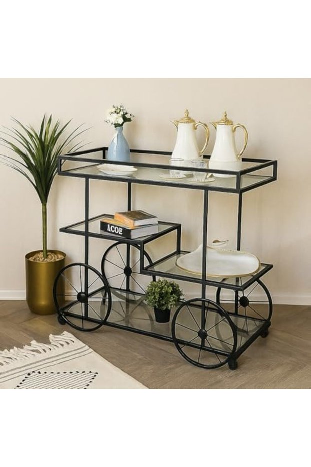 FFD Bar Cart Metal Bar Cart with Glass Shelves – 3-Tier Rolling Beverage Cart 80x40x90cm