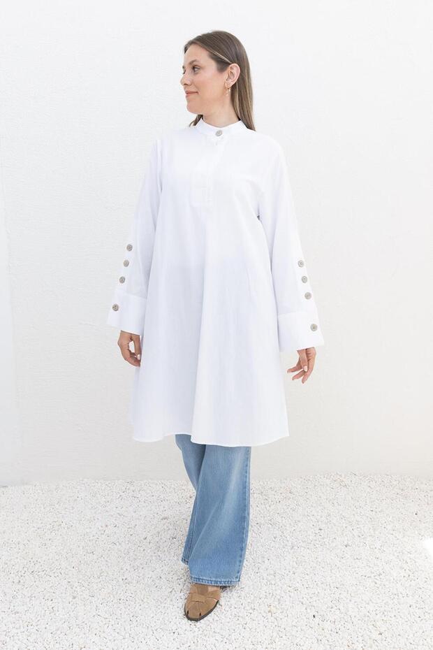 White-Linen Tunic with Cuff Buttons - 1