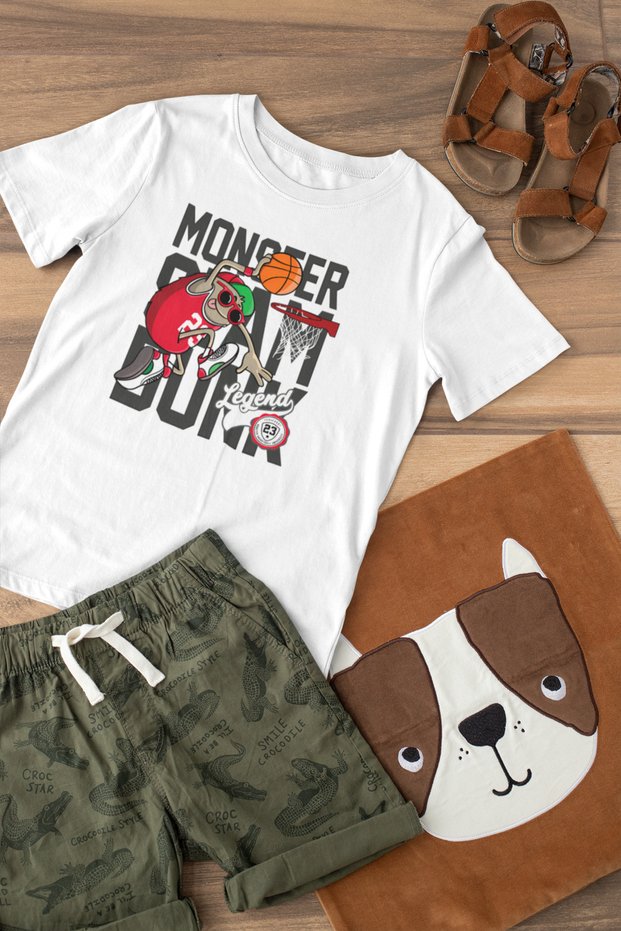 Monster Basketball Crew Neck 100% Cotton Printed Short Sleeve Kids and Youth T-Shirt