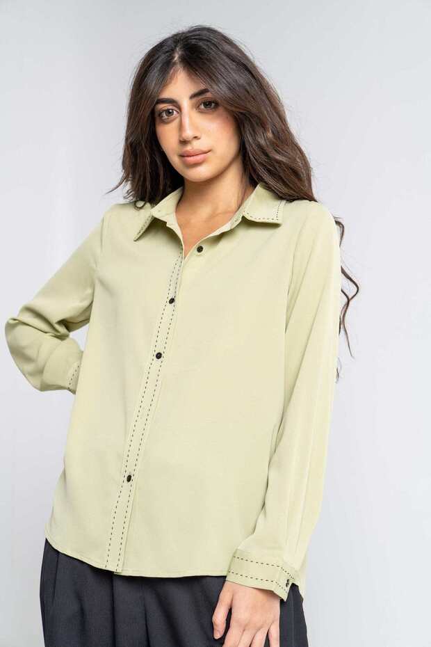 Solid Button-Down Long Sleeve Shirt - 1