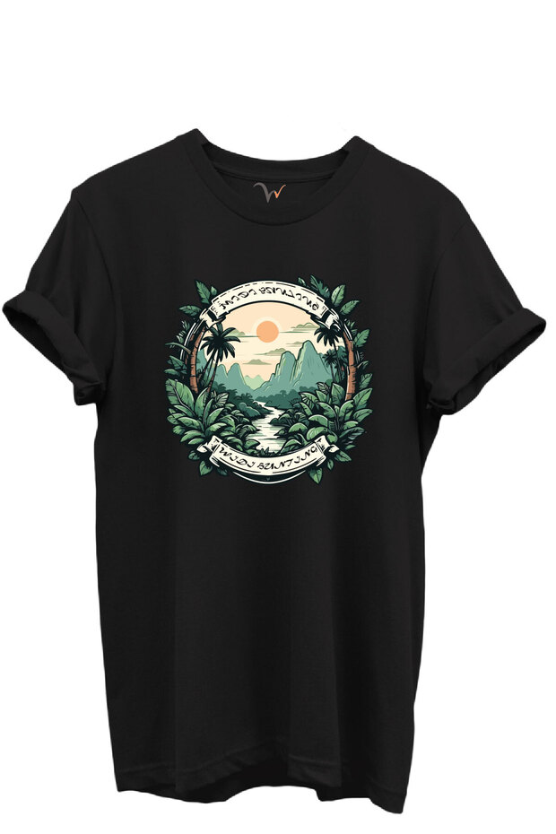 Hunting Nature Themed 100% Cotton Regular Fit Unisex T-Shirt with Tropical Forest and Mountain View