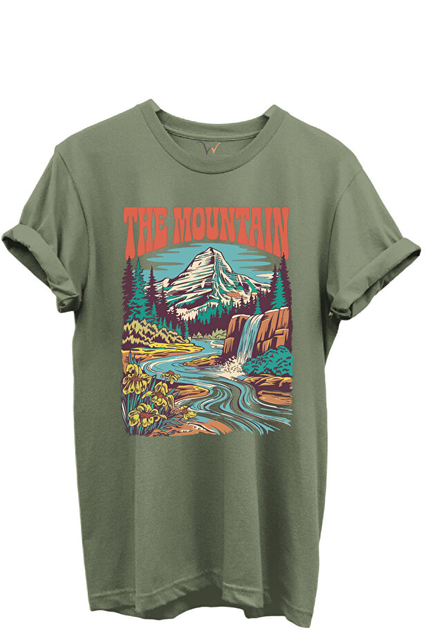 The Mountain Written Mountain Landscape and Waterfall Printed 100% Cotton Regular Fit Unisex T-Shirt