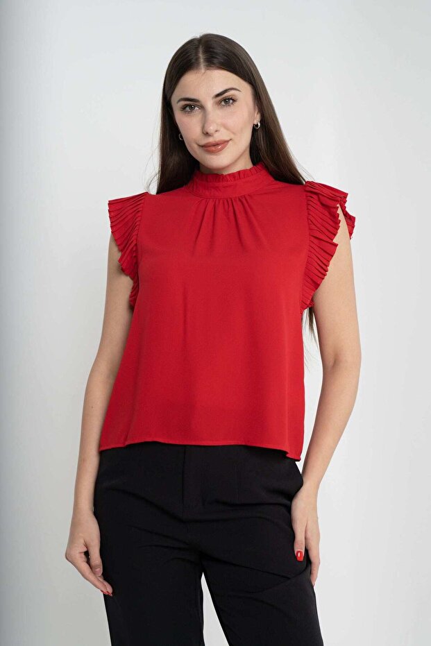 بلوزة سادة بأكمام قصيرة مكشكشة - 1