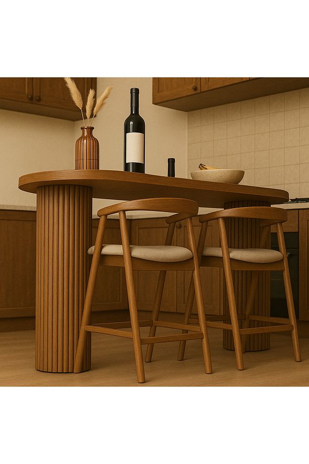 Masif Kayın Ağacı Modern Flüt Ayaklı Oval Bar Masası-Yemek Masası – Ahşap Yüksek Masa (Sadece Masa) - 4
