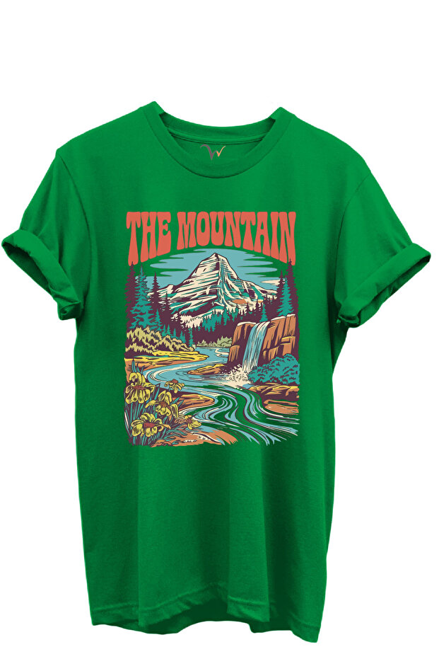 The Mountain Written Mountain Landscape and Waterfall Printed 100% Cotton Regular Fit Unisex T-Shirt