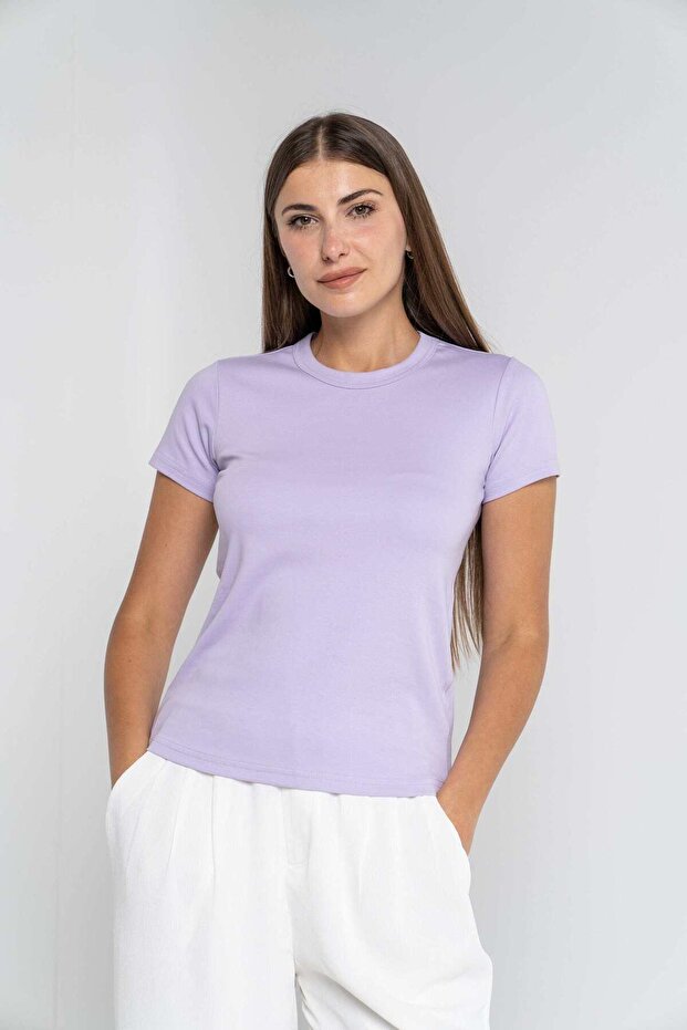 بلوزة سادة بأكمام قصيرة ورقبة دائرية - 1