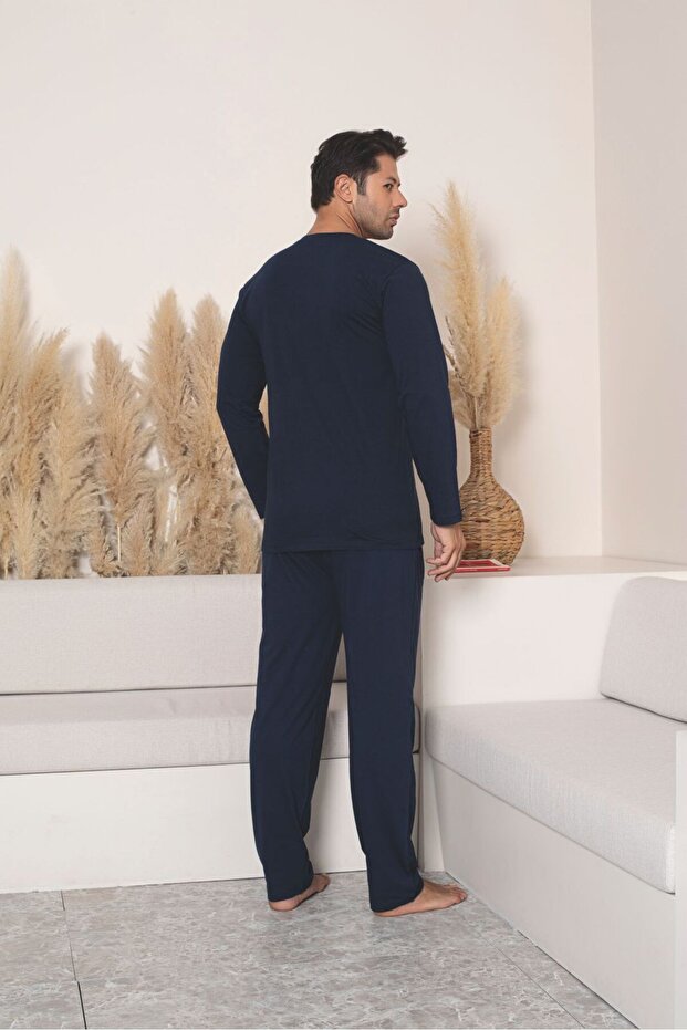 Erkek %100 Pamuk Lacivert Uzun Kollu Kaliteli Rahat Battal Pijama Takımı - 4