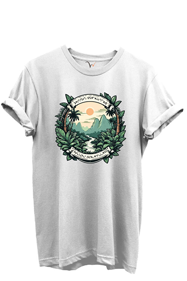 Hunting Nature Themed 100% Cotton Regular Fit Unisex T-Shirt with Tropical Forest and Mountain View